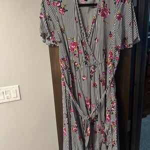 Torrid Black and White Striped Dress with Pink Floral Accents